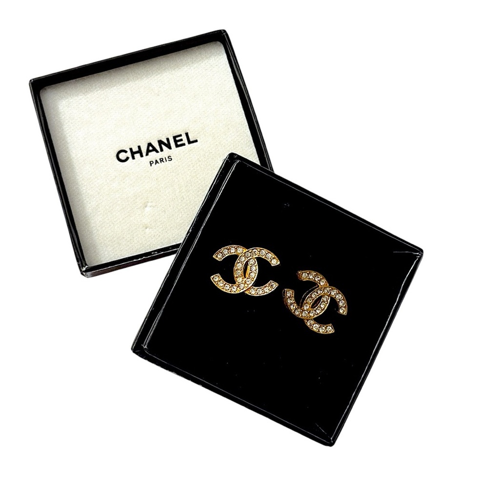 CHANEL Earrings Vintage CC Logo Crystal Clip On 24K Gold Plated Studs with Box